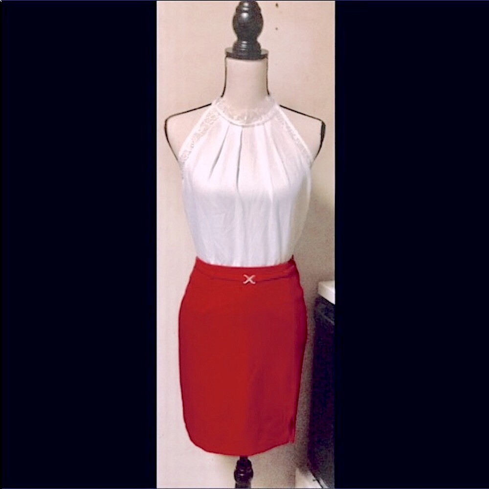 Vintage Red Pencil Skirt: Retro, Side Slit, Belt w/ Diamond Bow Charm, Sz. M